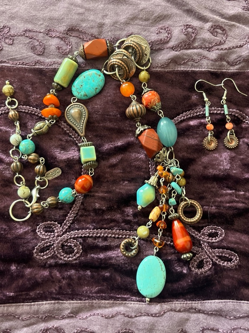 Treska Turquoise & Orange Beaded Statement Necklace with Matching Earrings